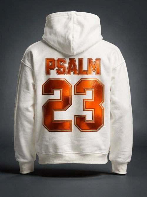 Psalm 23 Orange Hoodie Weiß – Rückenansicht – Großes orangenes Design von FirstChojce