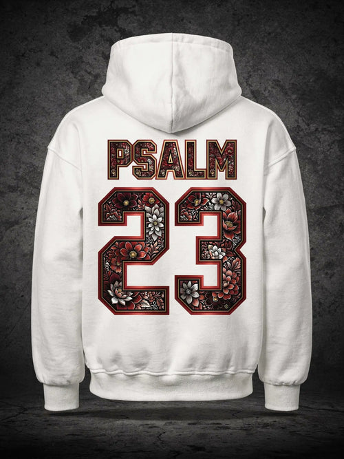 Psalm 23 Red Blossom Hoodie Weiß – Rückenansicht – Großes rotes Blumen Design von FirstChojce