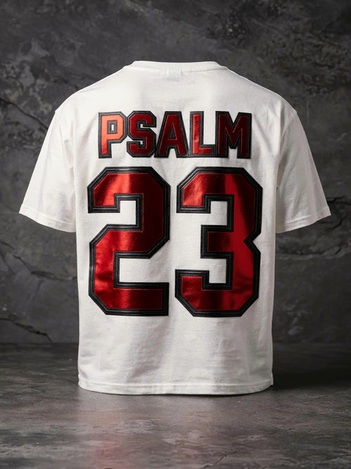 Psalm 23- Red Shirt Weiß – Christliches rotes Design auf dem Rücken – Faith-Based Streetwear – Oversized Heavy Cotton 240 GSM