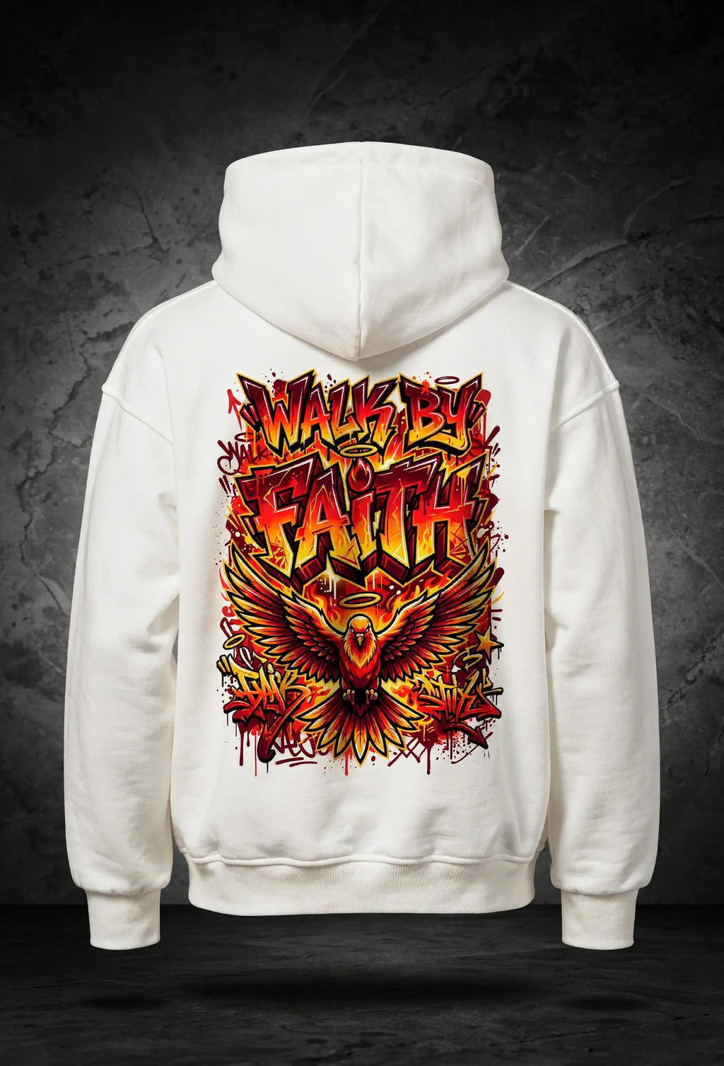 Faith Hoodie Weiß – Rückenansicht – Großes Graffiti Design von FirstChojce