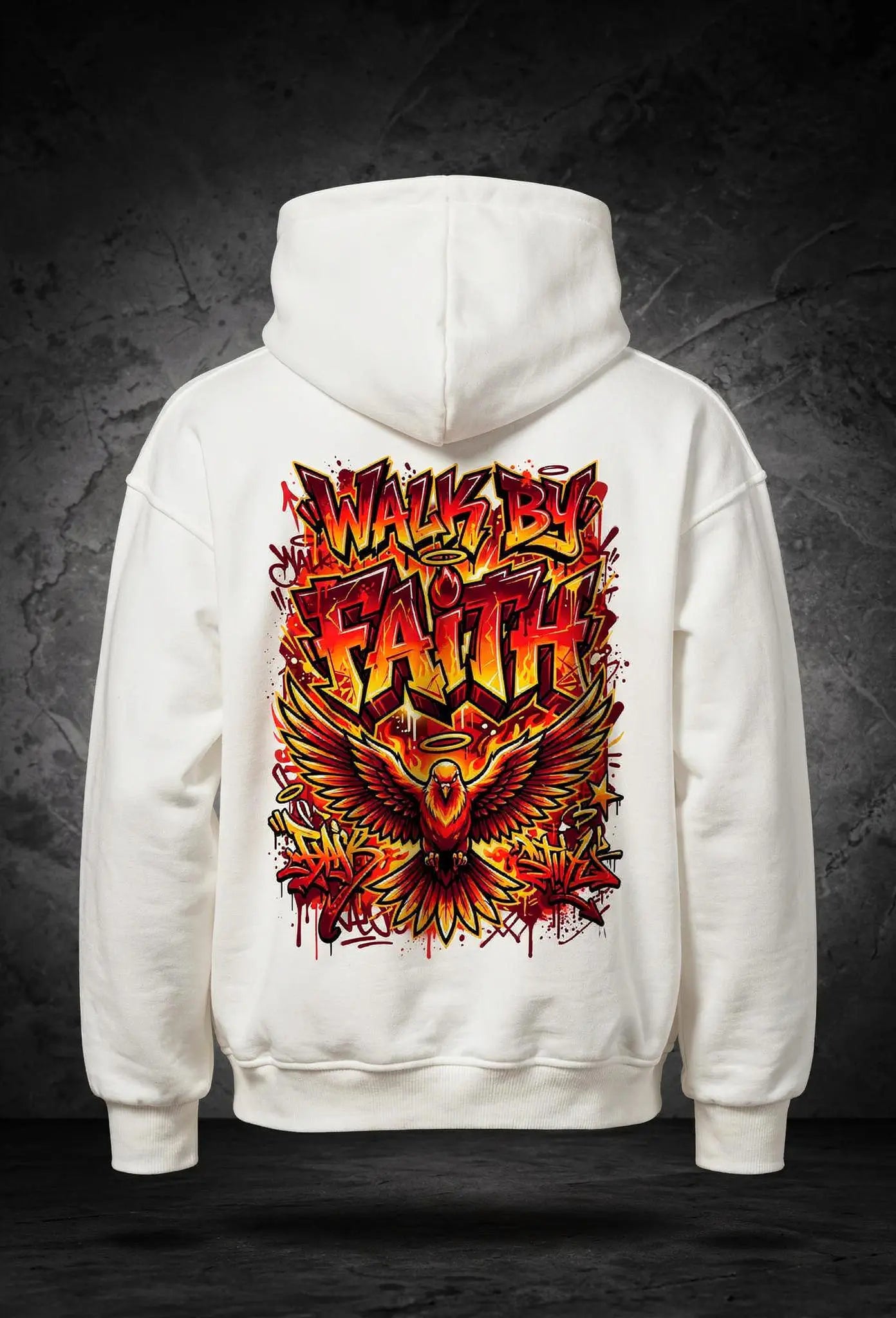 Faith Hoodie Weiß – Rückenansicht – Großes Graffiti Design von FirstChojce