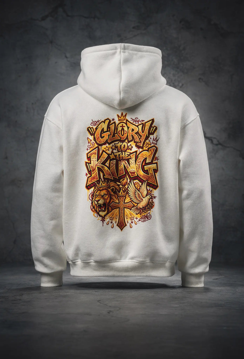 Glory Hoodie Weiß – Rückenansicht – Großes Graffiti Design von FirstChojce