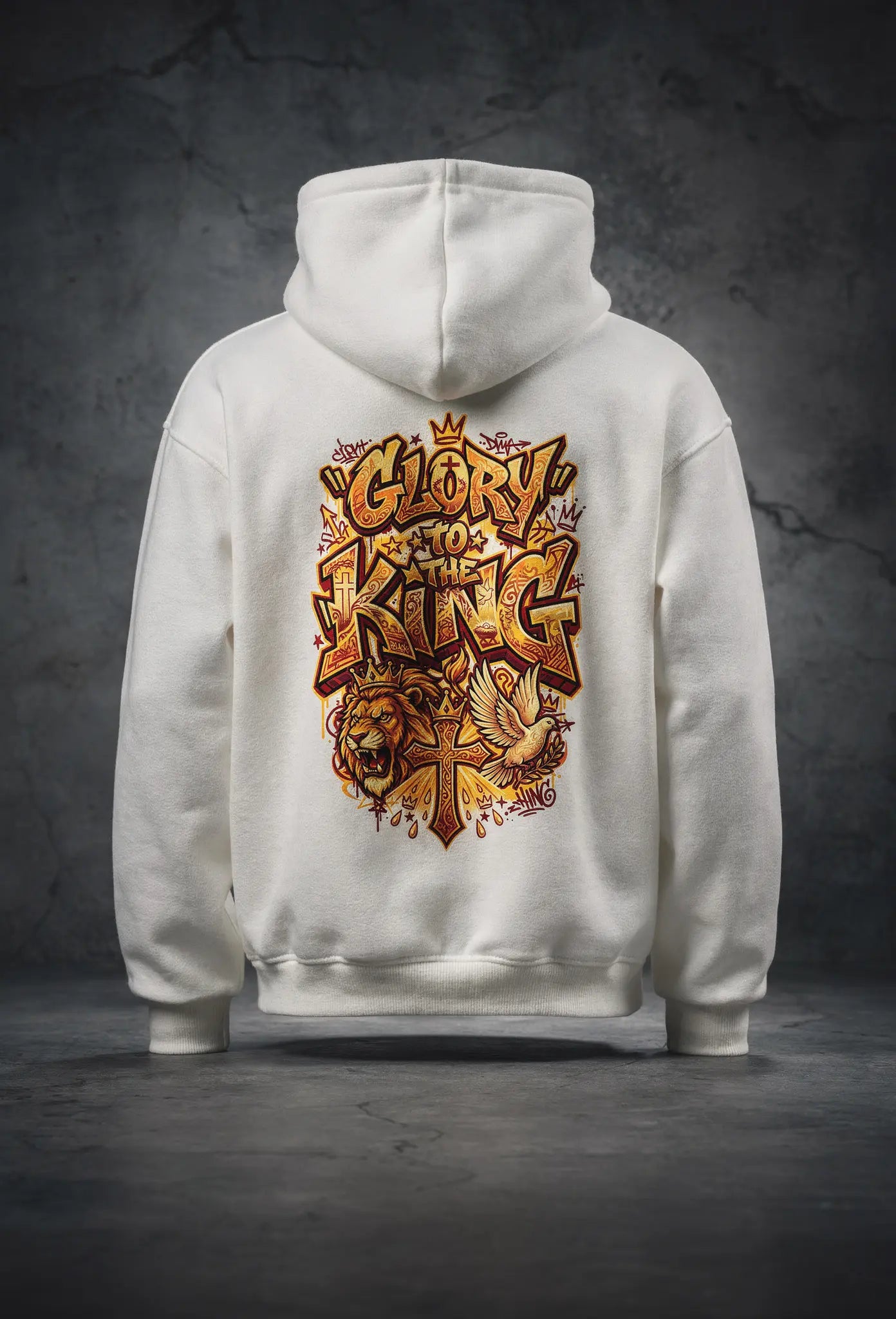 Glory Hoodie Weiß – Rückenansicht – Großes Graffiti Design von FirstChojce
