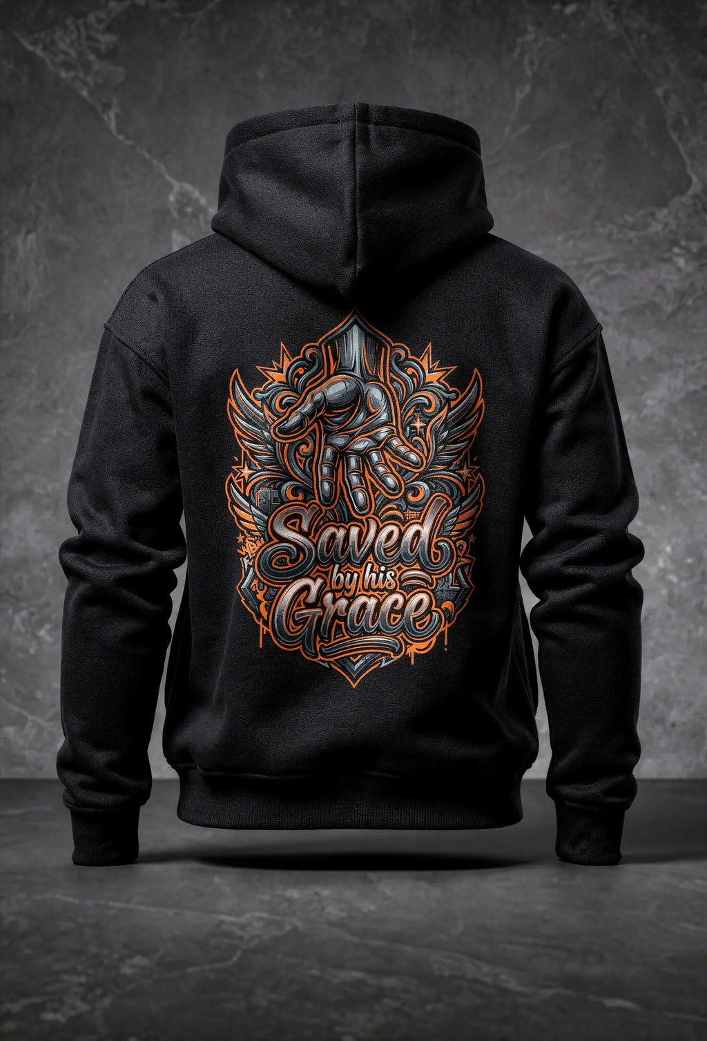 Saved Hoodie Schwarz – Rückenansicht – Großes Graffiti Design von FirstChojce