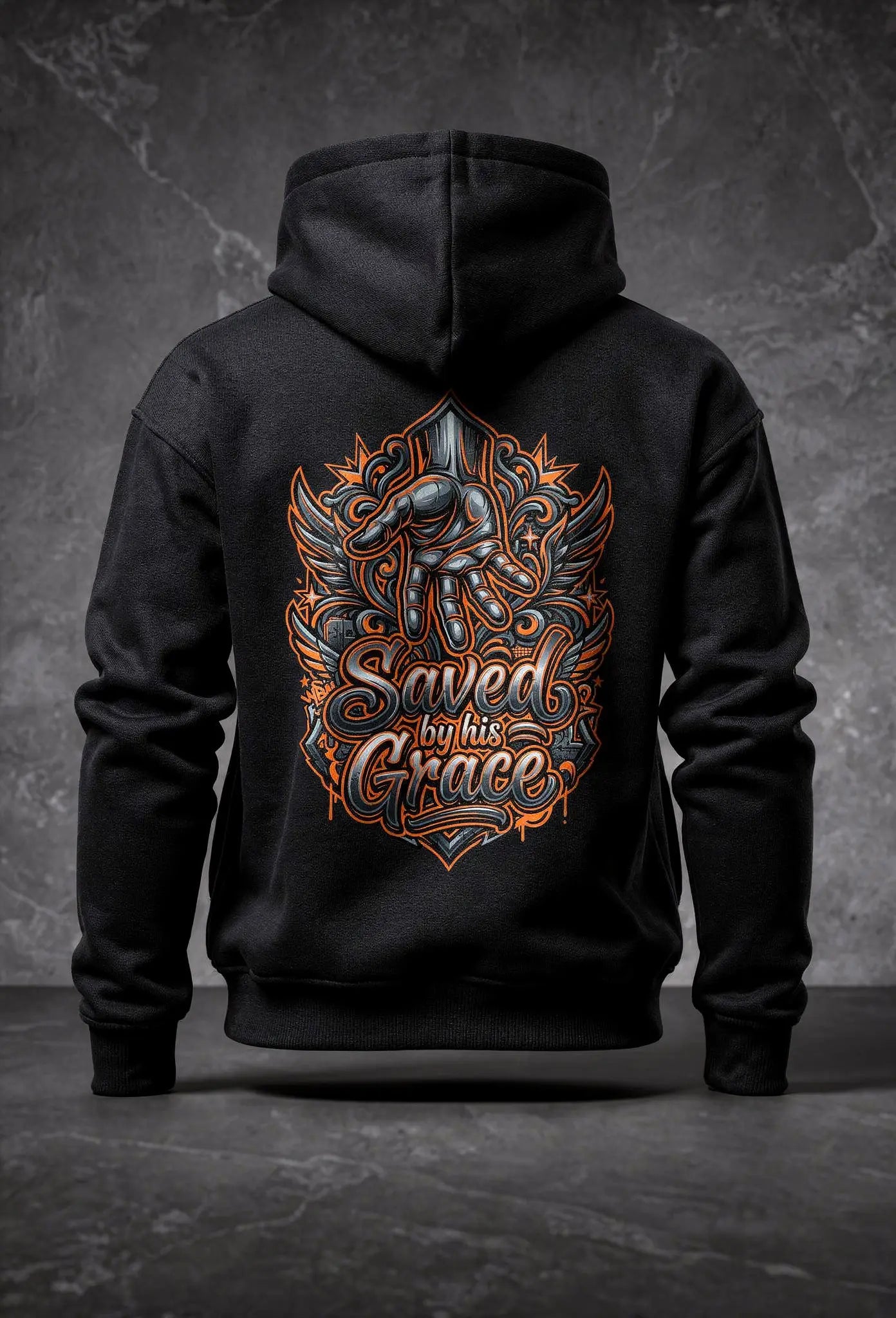 Saved Hoodie Schwarz – Rückenansicht – Großes Graffiti Design von FirstChojce