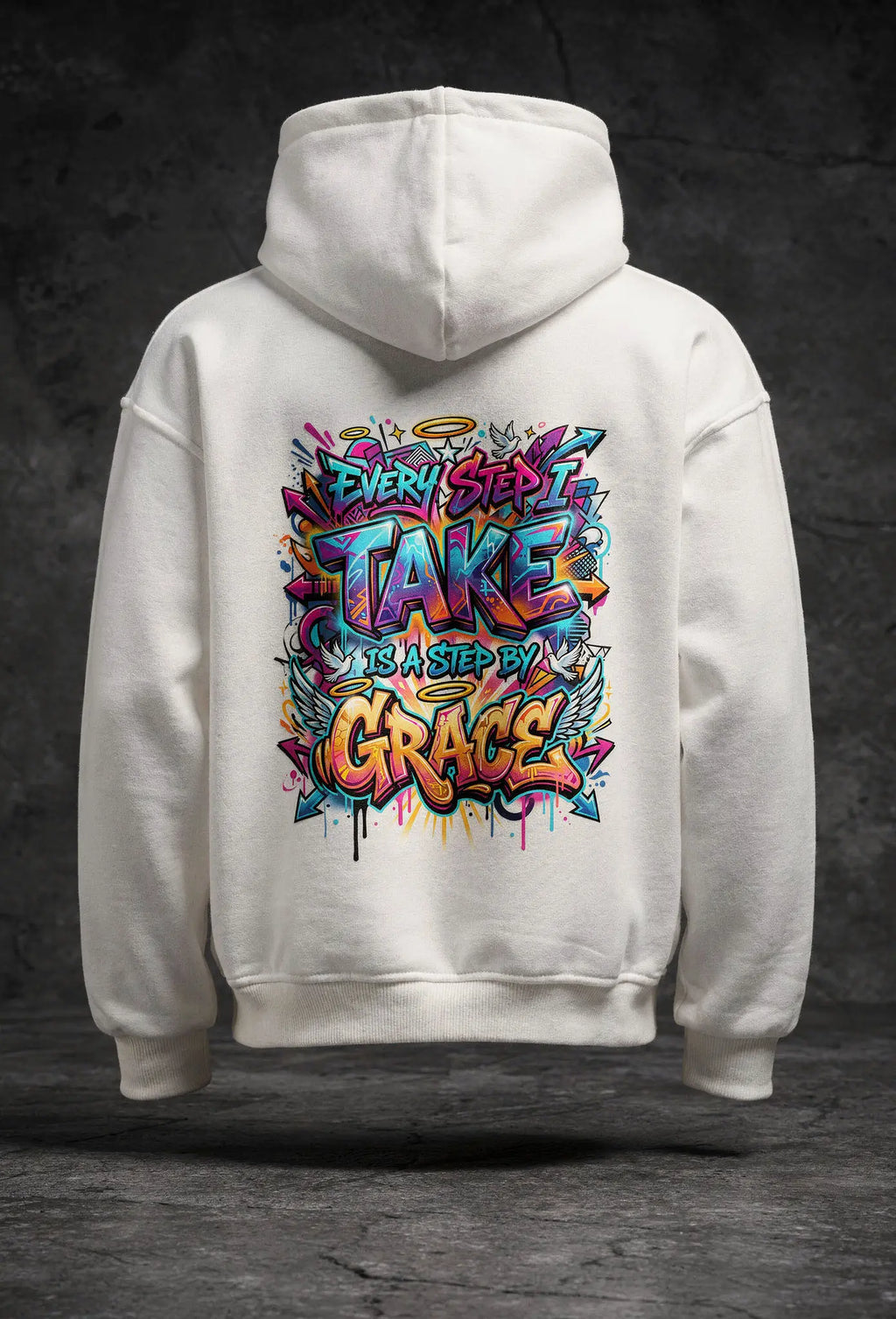 Trust God Hoodie Weiß – Rückenansicht – Großes Graffiti Design von FirstChojce
