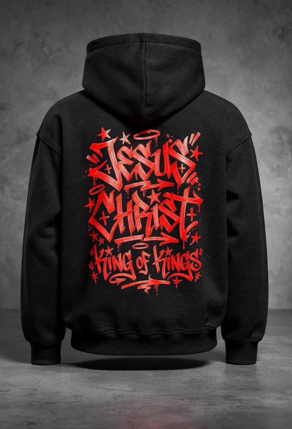 King of Kings Hoodie Schwarz – Rückenansicht – Großes Graffiti Tag Design von FirstChojce