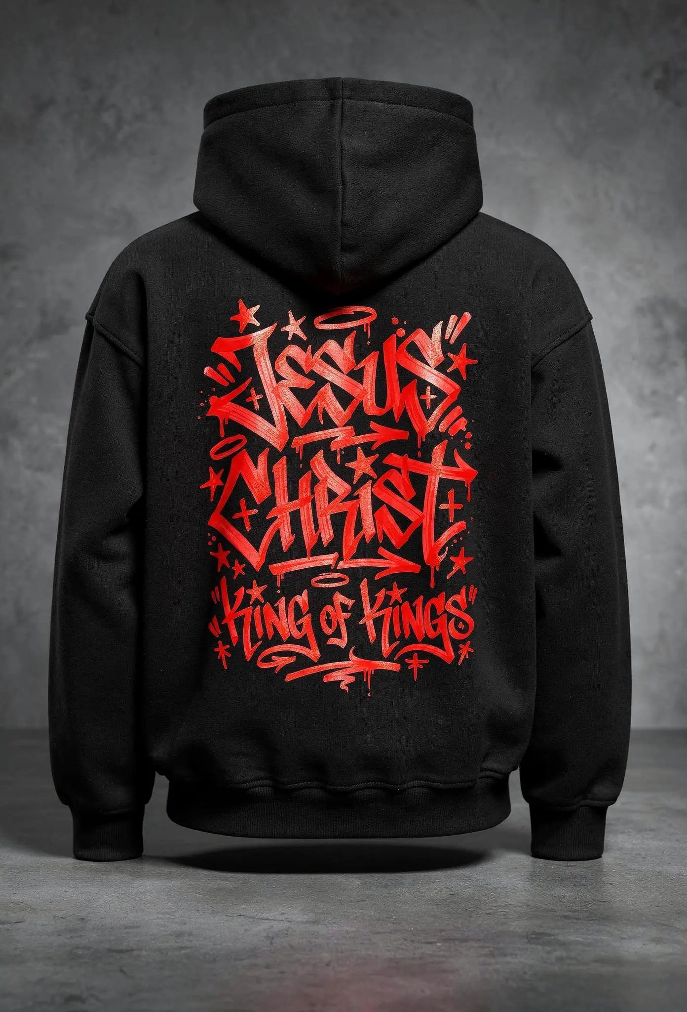 King of Kings Hoodie Schwarz – Rückenansicht – Großes Graffiti Tag Design von FirstChojce