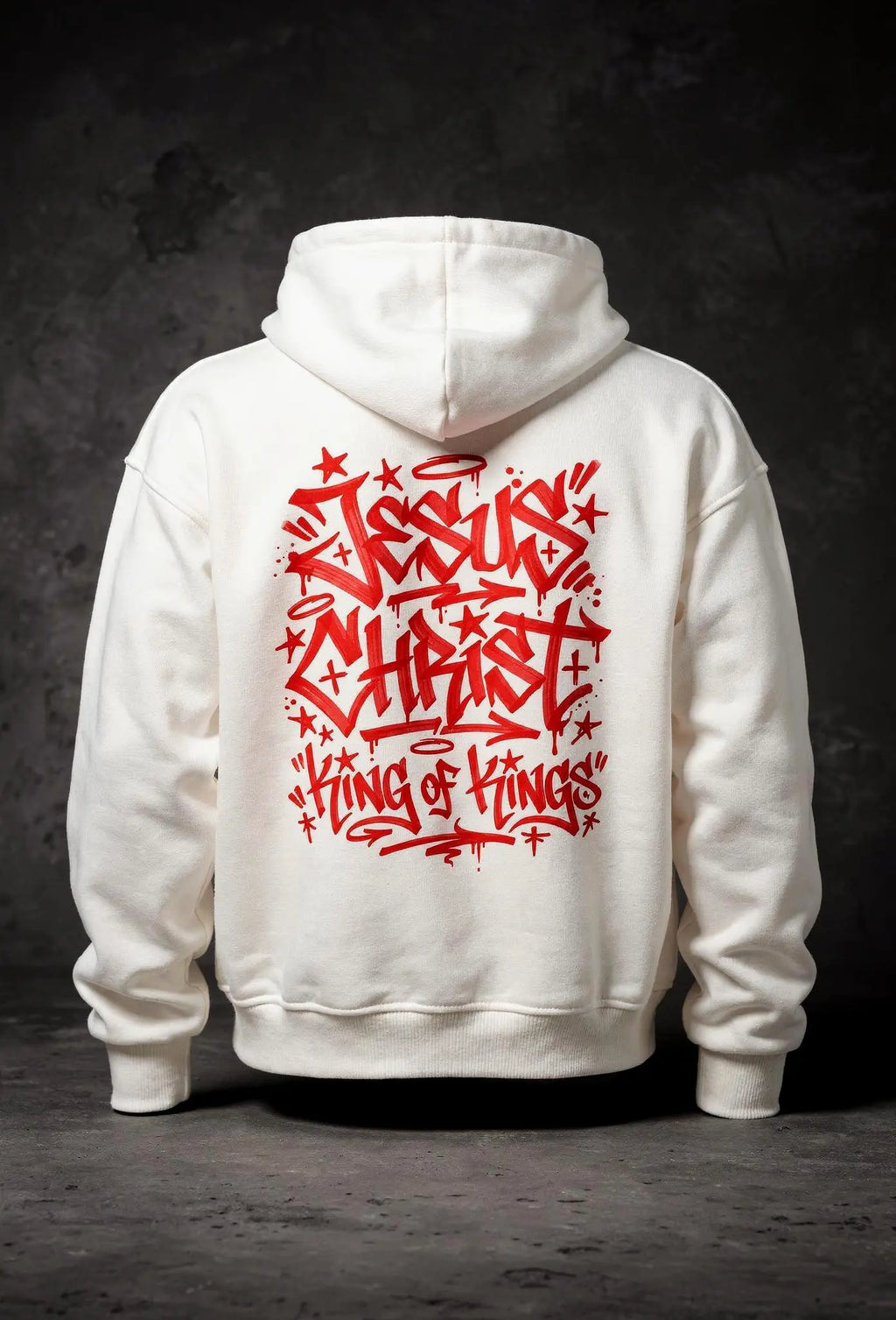 King of Kings Hoodie Weiß – Rückenansicht – Großes Graffiti Tag Design von FirstChojce