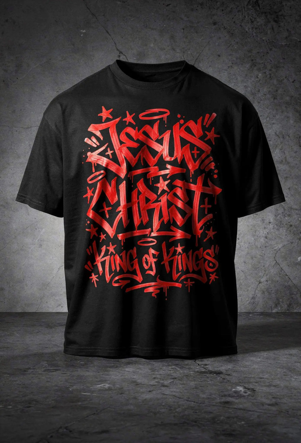 King of Kings Shirt Schwarz – Christliches Graffiti Tag Design auf der Brust – Faith-Based Streetwear – Oversized Heavy Cotton 240 GSM