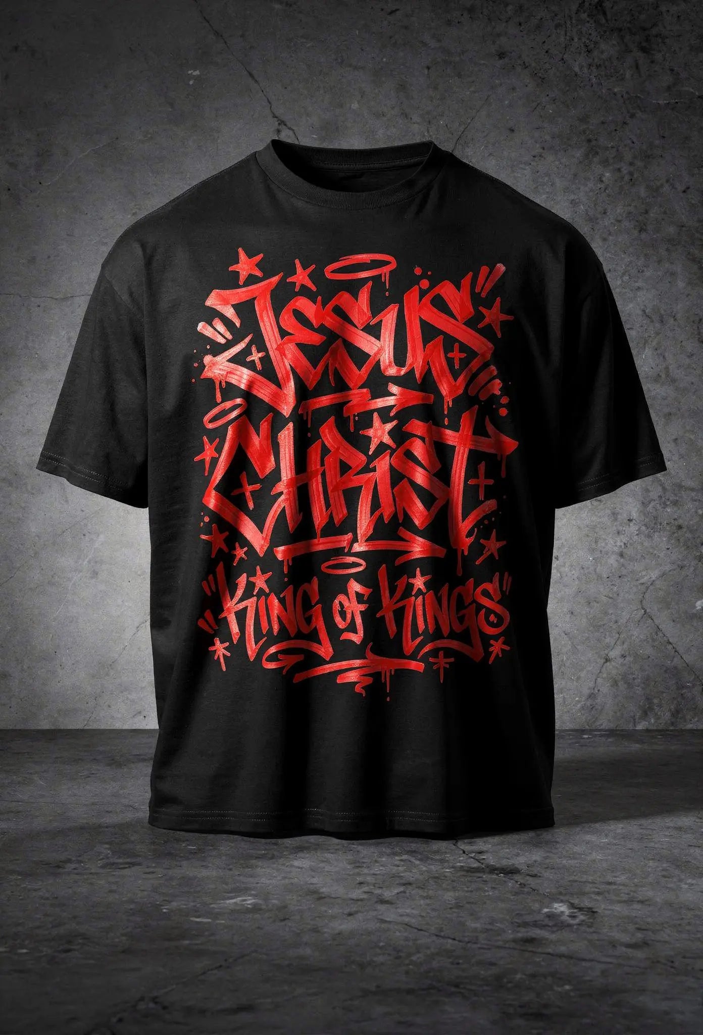 King of Kings Shirt Schwarz – Christliches Graffiti Tag Design auf der Brust – Faith-Based Streetwear – Oversized Heavy Cotton 240 GSM