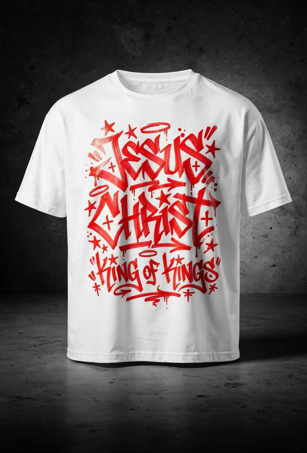King of Kings Shirt Weiß  – Christliches Graffiti Tag Design auf der Brust – Faith-Based Streetwear – Oversized Heavy Cotton 240 GSM
