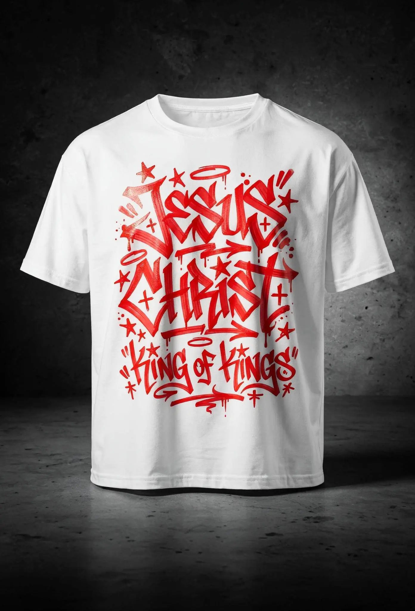 King of Kings Shirt Weiß  – Christliches Graffiti Tag Design auf der Brust – Faith-Based Streetwear – Oversized Heavy Cotton 240 GSM