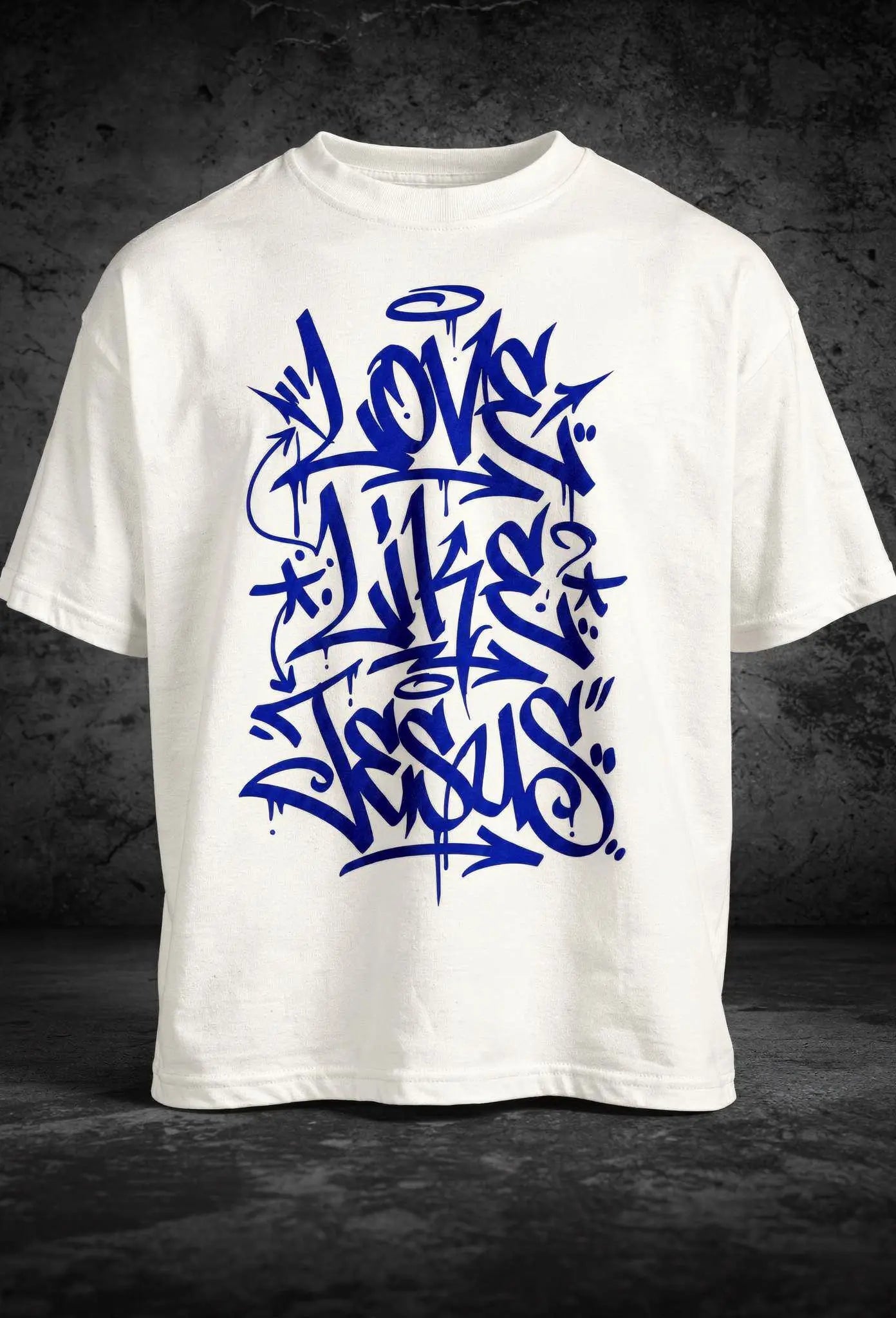 Love like Jesus Shirt Weiß – Christliches Graffiti Tag Design auf der Brust – Faith-Based Streetwear – Oversized Heavy Cotton 240 GSM