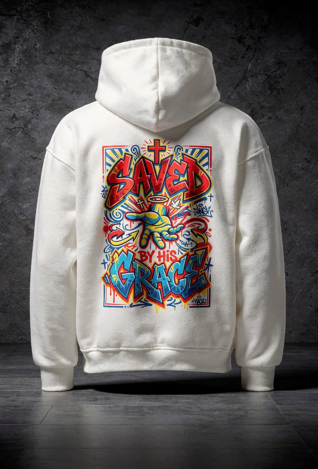 Saved Hoodie Weiß – Rückenansicht – Großes Graffiti Design von FirstChojce