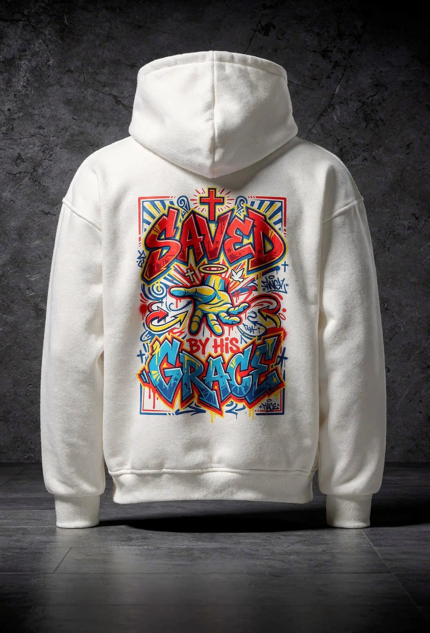 Saved Hoodie Weiß – Rückenansicht – Großes Graffiti Design von FirstChojce