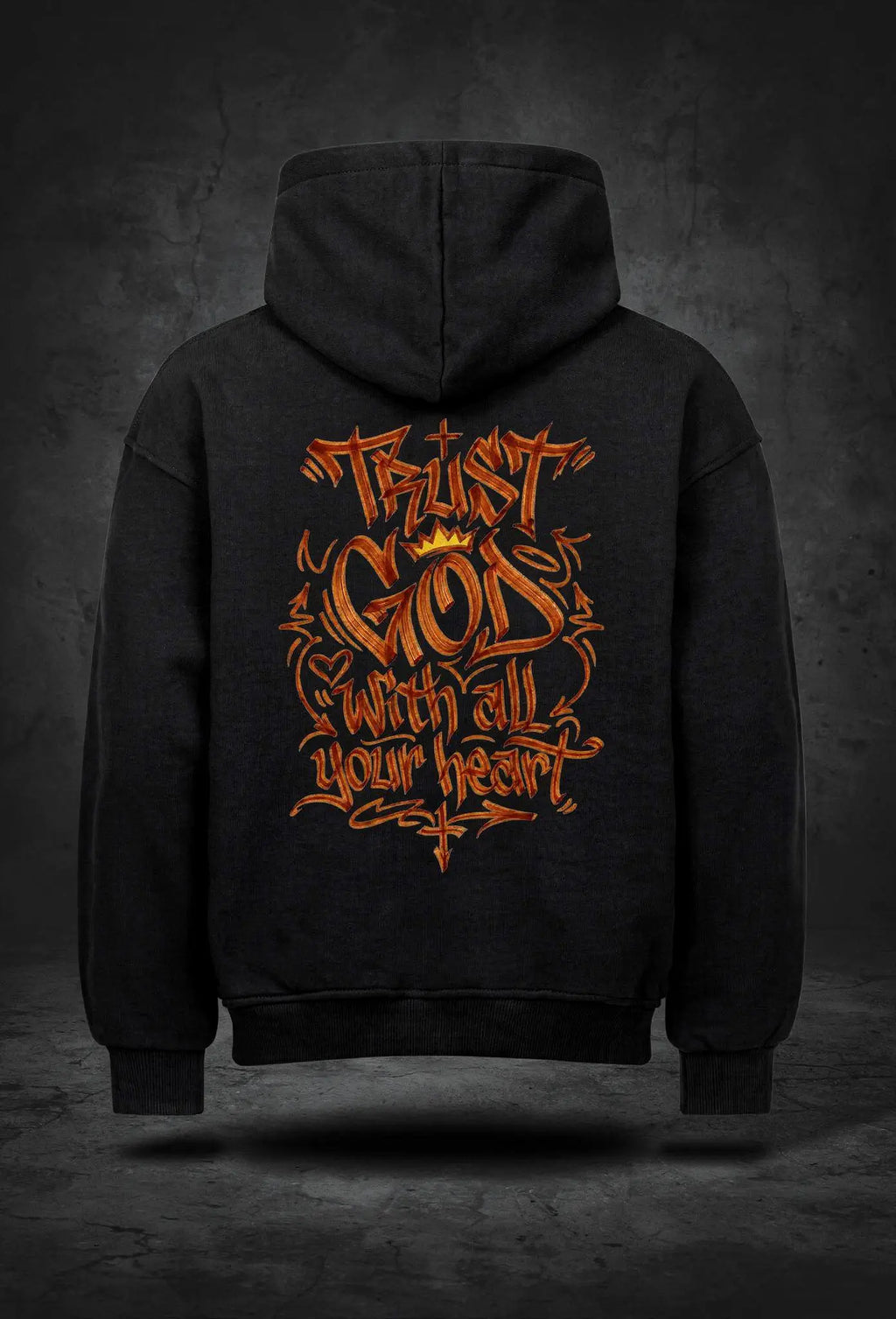 Trust God Hoodie Schwarz – Rückenansicht – Christlicher Oversized Hoodie von FirstChojce