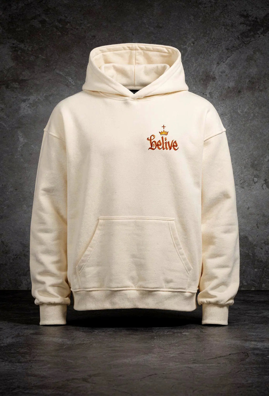 Trust God Hoodie Natural Raw – Vorderansicht – Christlicher Oversized Hoodie von FirstChojce