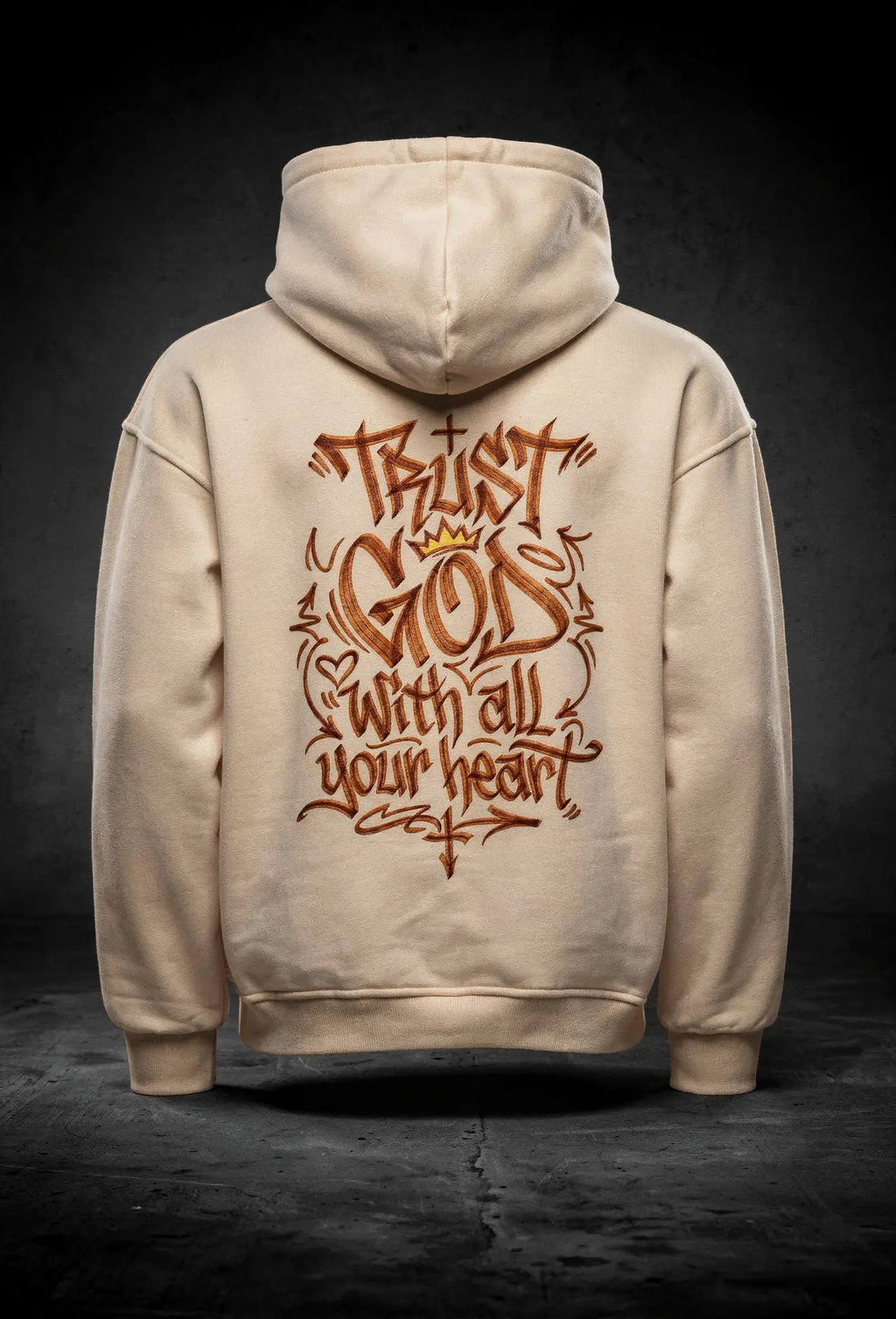 Trust God Hoodie Natural Raw – Rückenansicht – Christlicher Oversized Hoodie von FirstChojce