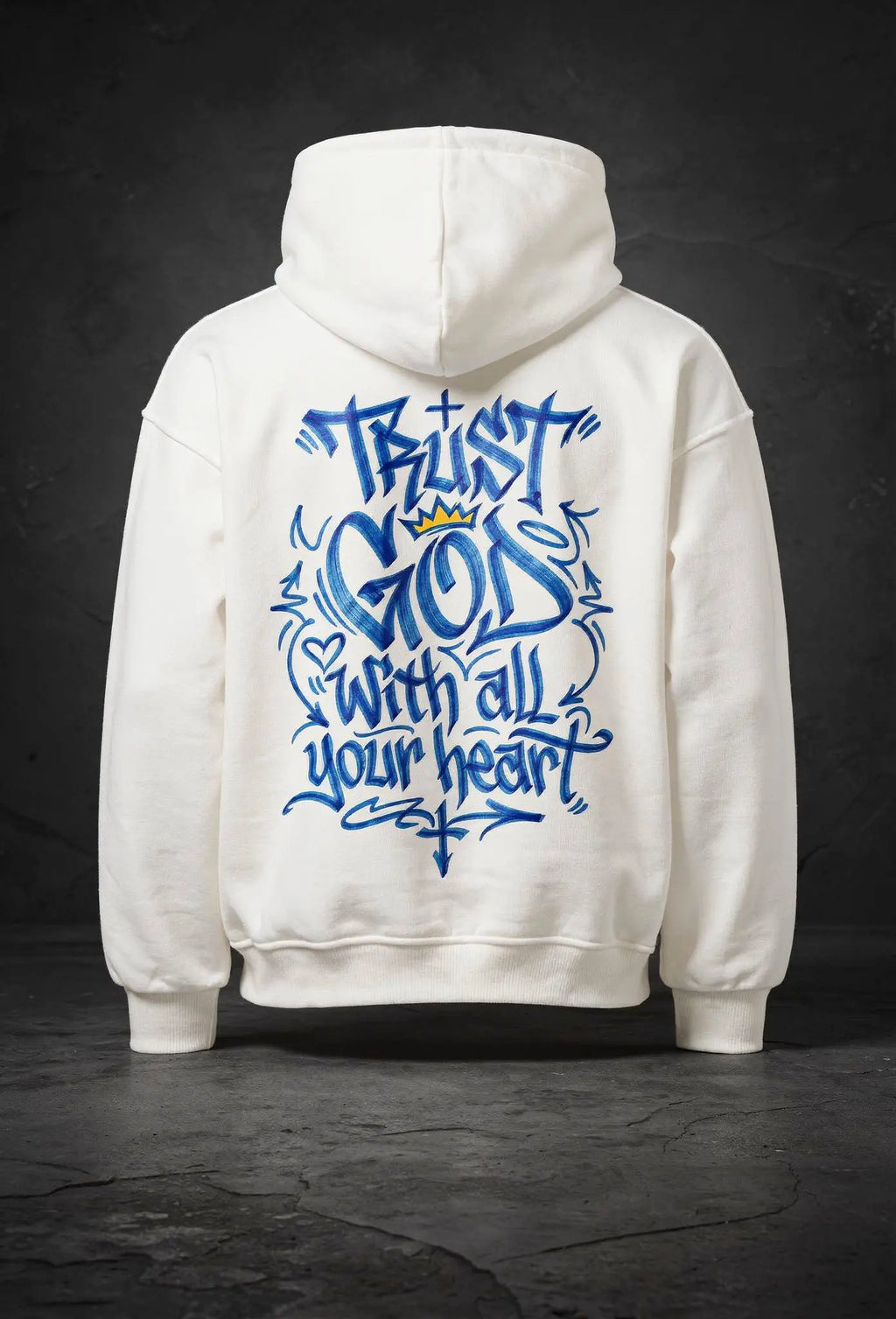 Trust God Hoodie Weiß – Rücknansicht  – Christlicher Oversized Hoodie von FirstChojce