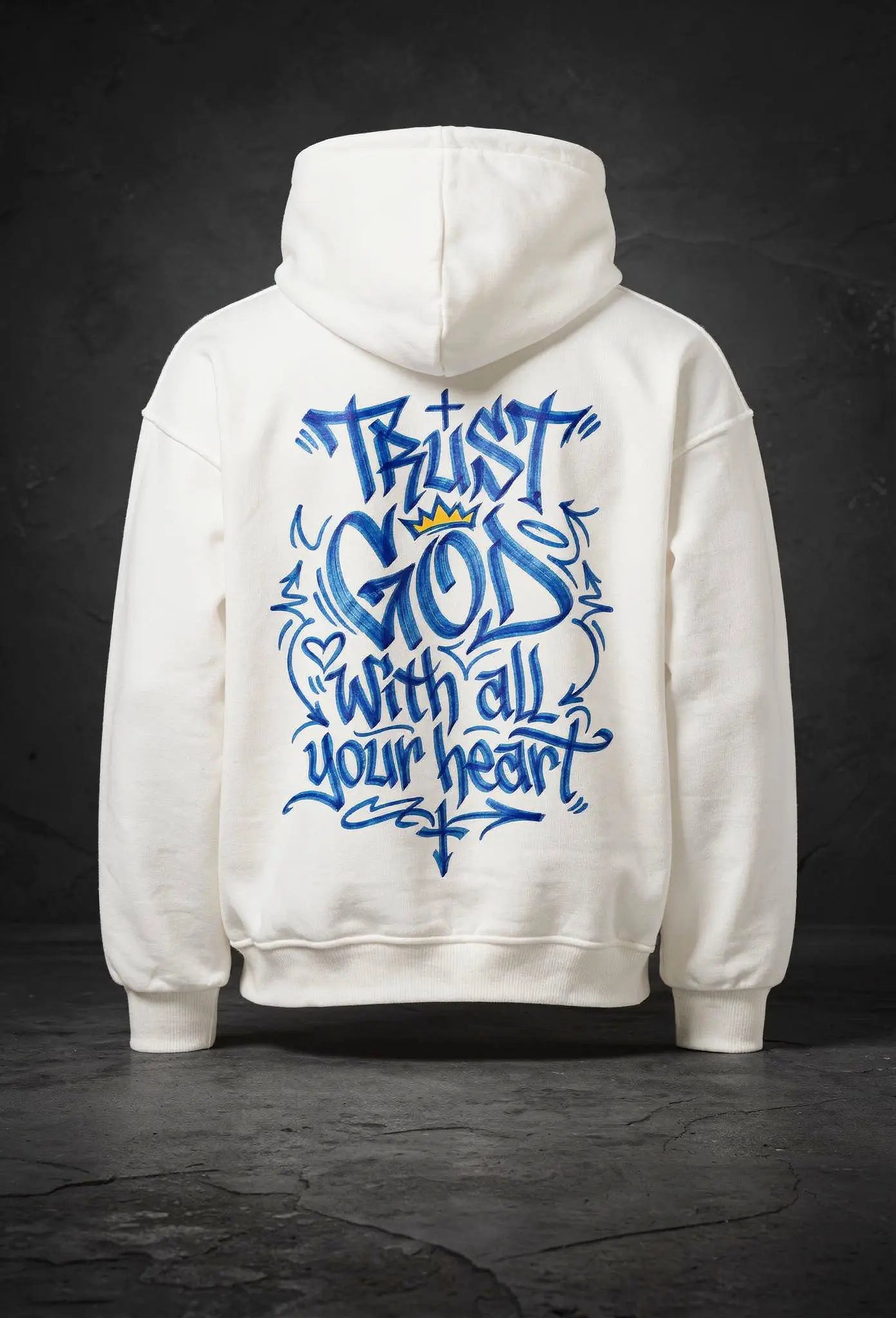 Trust God Hoodie Weiß – Rücknansicht  – Christlicher Oversized Hoodie von FirstChojce